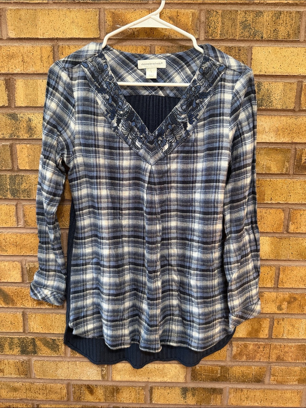 Christopher & Banks Blue and White Plaid V-Neck Tunic